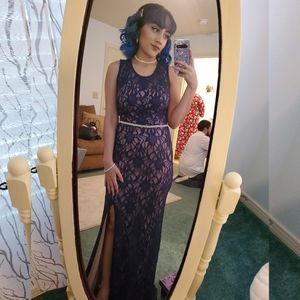 City Triangles Navy Floral Lace Prom Dress with Cut Out Back and Leg Slit
